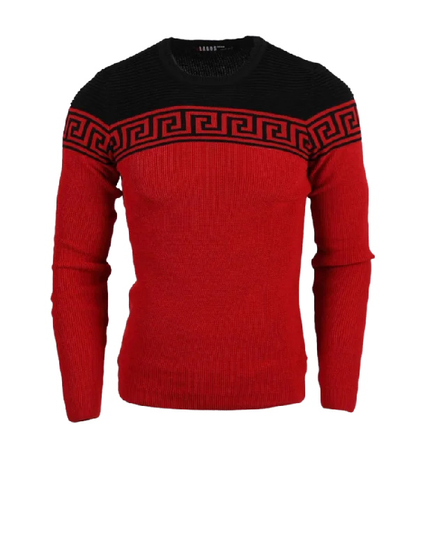 Lrlagos Red and Black Men's Crewneck Sweaters Greek Key style Light Blend Slim Fit