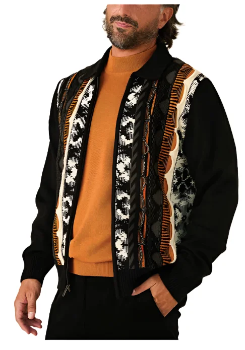 Black Men's Inserch Intarsia Full Zipper Sweater Jacket Style No: SW-907