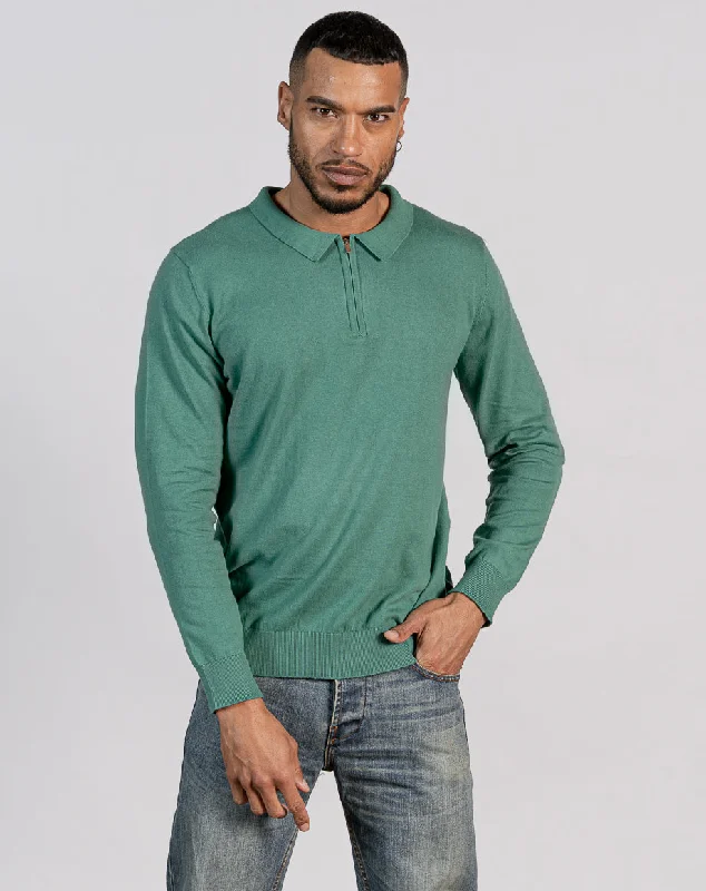 ESSENTIAL LONG SLEEVE ZIPPED POLO TOP - AQUA